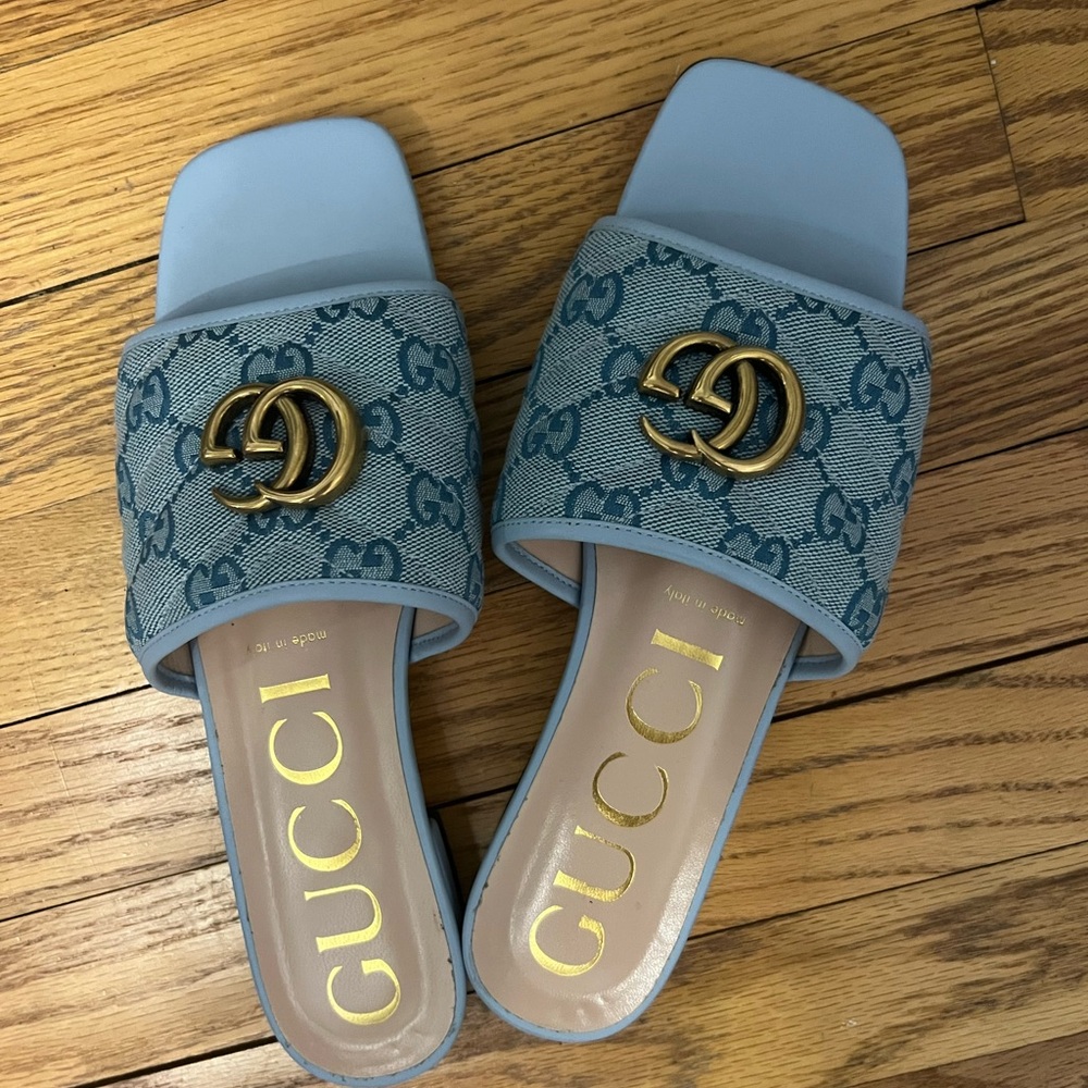 Gucci Blue Monogram Slide Sandals with Gold Emblem